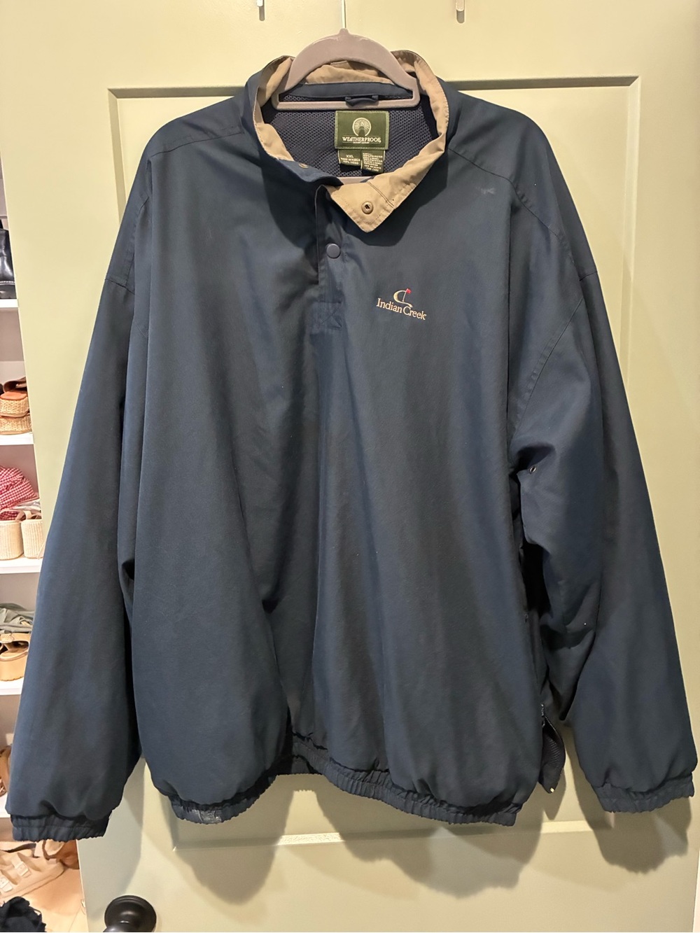 Weatherproof Men's Navy Pullover Jacket with Tan Collar, & pockets